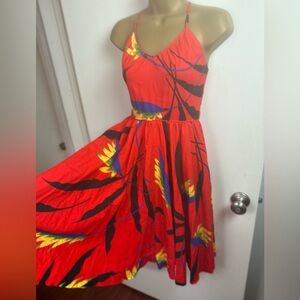 Lang Originals Vintage 70’s-90’s? Red Hawaiian Print‎ Lace Up Back Dress XS-S?